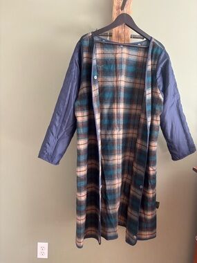 Plaid Long Shacket with Purple Navy Sleeves - Teal & Cream